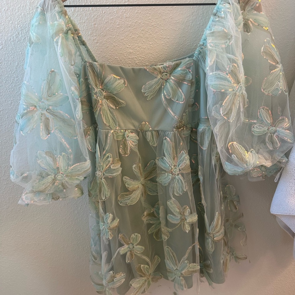 Embroidered Floral Mini Dress - Mint Green